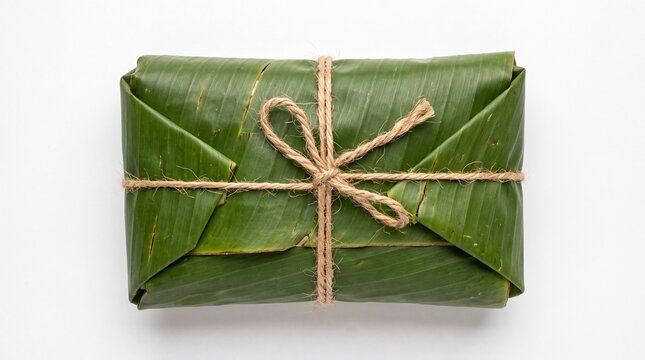 Vegan eco friendly food package wrapped in green banana leaf