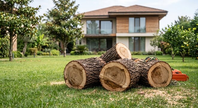 Freshly cut tree logs on a suburban lawn after professional tree removal. Residential landscaping, arborist service and property maintenance with copy space.
