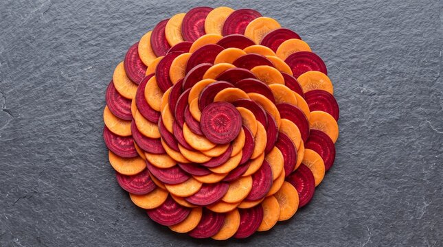 Vegan spiral of sliced carrots and beetroots on dark stone background