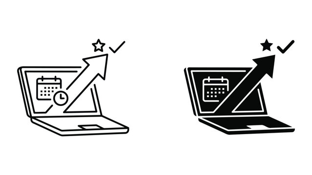 Laptop showing successful project completion and timely delivery icon set