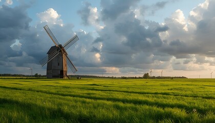 Fototapeta premium Traditional Windmill in a Green Countryside Field Under Dramatic Clouds