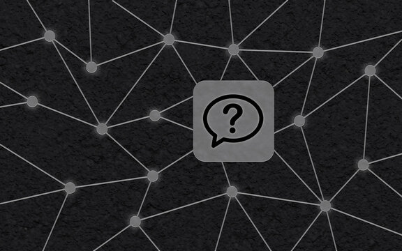 Ein graues Kachelfeld mit Fragezeichen und Sprechblase, eingebettet in ein digitales Netzwerk aus Linien und Punkten auf dunklem, strukturiertem Hintergrund.