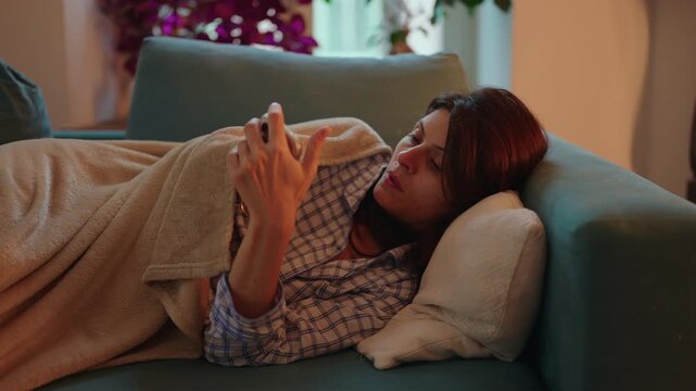 Woman reads text message on smartphone while reclining under blanket on living room sofa at home, showing slight worry, uncertainty and tension from digital communication