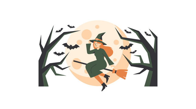 Witch flies on a broomstick in front of a full moon with spooky trees and bats.