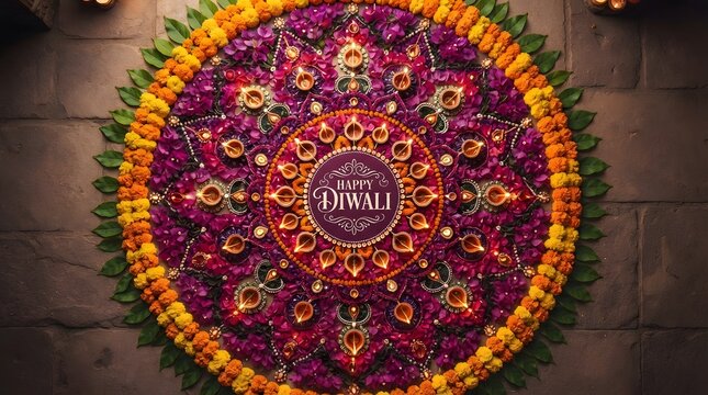 Beautiful diwali rangoli design with vibrant flowers and lit diyas on a stone floor