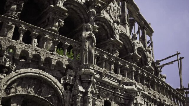 detailed architectural ornament closeup with carved balustrade and stone filigree, visible tool marks and weathered edges, warm highlights and deep textural