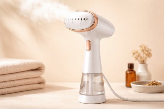 Portable garment steamer on clean home background for easy fabric care and wrinkle removal