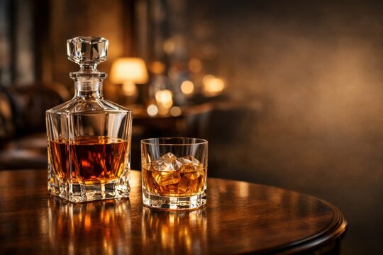 Crystal whiskey decanter and glass with ice on wooden table in elegant lounge atmosphere