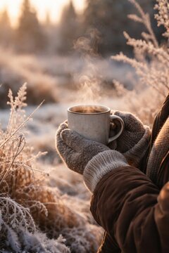 Warm steaming drink held in knitted gloves outdoors on a frosty winter morning