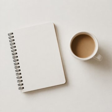 Minimal notebook mockup with coffee cup on white desk background for planning notes and creative work