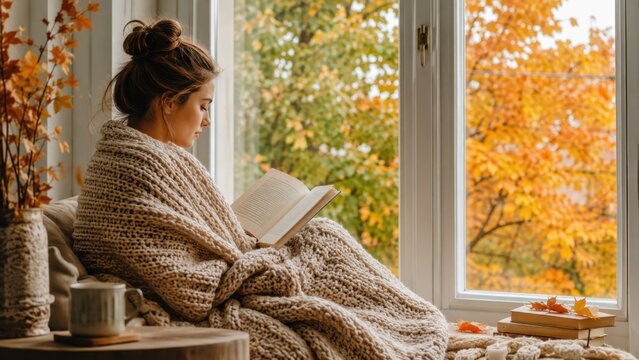 Cozy woman reading book wrapped in knitted blanket by window with colorful autumn forest view