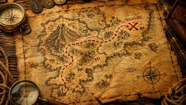 Antique treasure map with marked route compass and exploration tools on wooden table