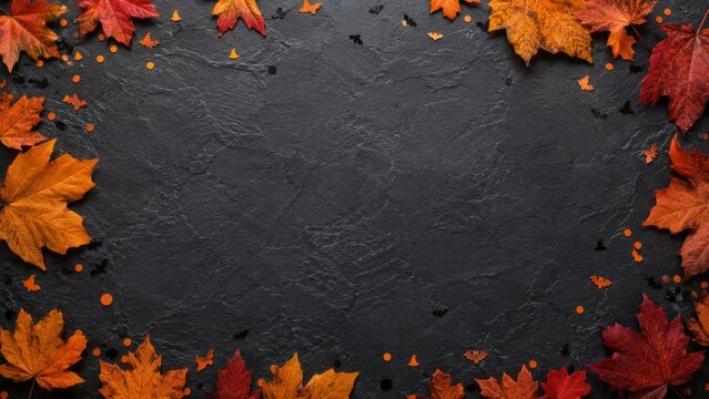 Halloween autumn leaf border on dark stone background with festive confetti and copy space for design
