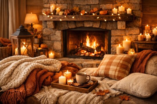 Cozy autumn living room with stone fireplace candles warm blankets and hot drink