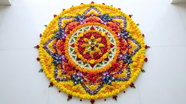 Colorful floral rangoli design with hibiscus and marigold flowers isolated on white background