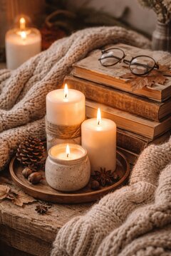 Cozy autumn scene with glowing candles vintage books glasses and soft knitted blankets