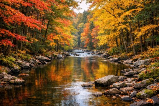 Vibrant autumn forest with calm river colorful foliage and reflections among rocky banks