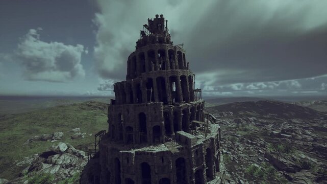 crumbling spiral fortress carved from basalt, closeup of arches and shadowed galleries, scaffolding remnants and windblown grasses, muted sepia light creating