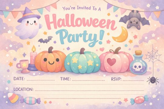 Pastel Halloween party invitation with cute pumpkins ghost bat candy and event details