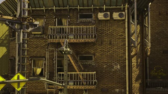 urban utility grid of vents and metalwork on brick, organized mechanical elements, conduits and balconies form graphic composition with aged surfaces