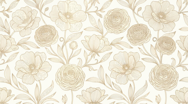 Seamless floral pattern with handdrawn ranunculus flowers in vintage sketch style on a light beige background