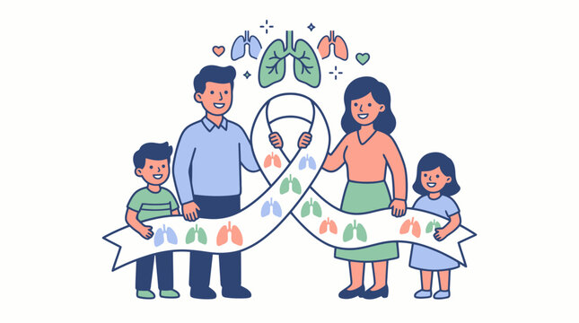 Joyful family united for lung health awareness, holding a ribbon decorated with stylized lungs, symbolizing respiratory care, support, and well-being in a clean illustration