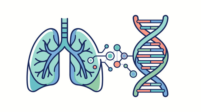 Medical science illustration depicting lungs connected to a DNA helix, symbolizing genetic health and respiratory research