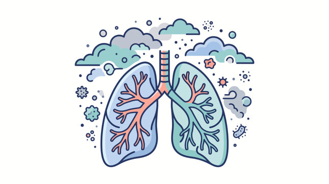Illustration of the human respiratory system, symbolizing health, illness, and breathing in a polluted environment