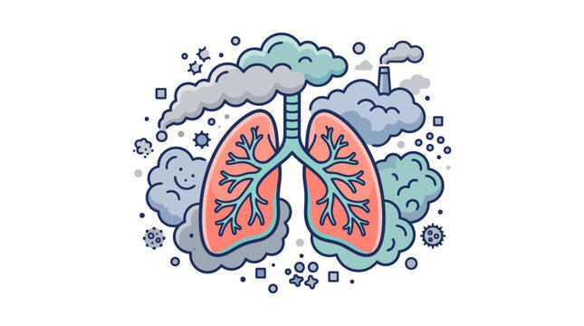 Vector illustration depicting human lungs engulfed in thick, dirty smoke and industrial emissions, symbolizing the detrimental impact of air pollution on respiratory health and the environment