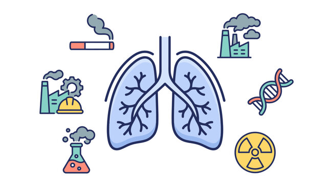 Human respiratory system health risks vector illustration with icons for air pollution, smoking, genetics, radiation, and chemical factors