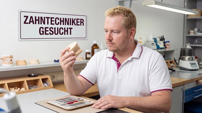Zahntechniker betrachtet Gebissmodell im Zahnlabor mit Schild Zahntechniker gesucht