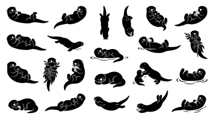Obraz premium Otter silhouette vector icon set with cute aquatic animal poses for wildlife and nature design