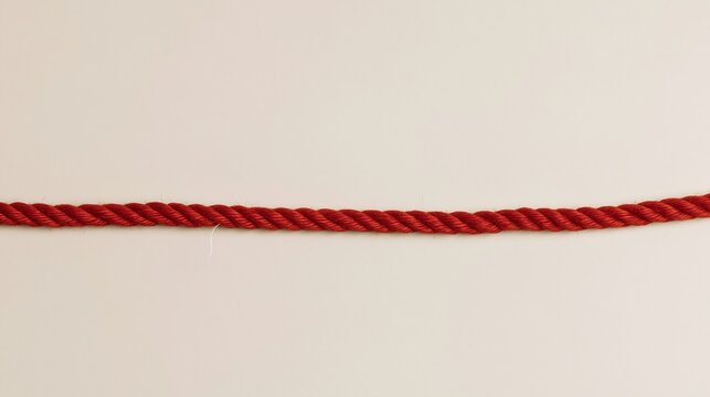 Red jute cord with coarse twisted fibers laying horizontally on a warm taupe surface, featuring a rustic tactile feel and copy space for craft packaging