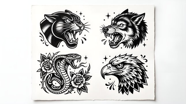 Vintage American traditional tattoo flash sheet, black and white animal head illustrations, panther wolf snake and eagle designs