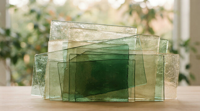 Five green tinted glass panels stacked in diminishing size on a wooden table