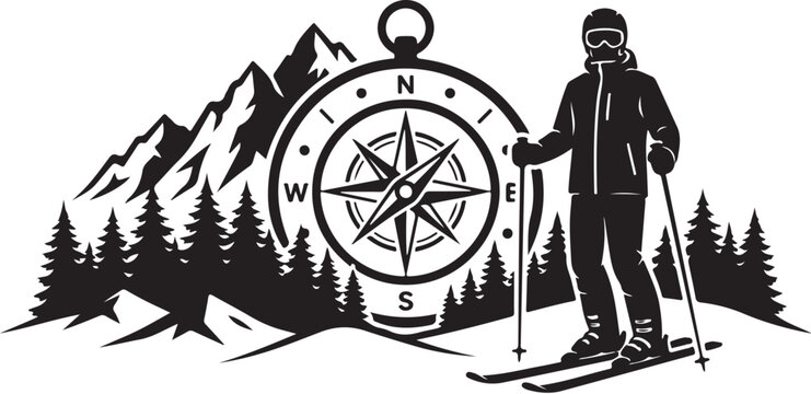 Vintage retro skiing logo design. Black silhouette of skier with compass and mountains. Vector illustration for outdoor adventure sports club, winter tourism, and expedition branding.