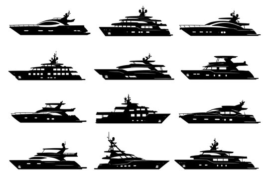 Luxury yacht silhouette collection with twelve different motor yachts featuring sleek hulls, cabins, decks and modern marine designs for nautical transportation projects