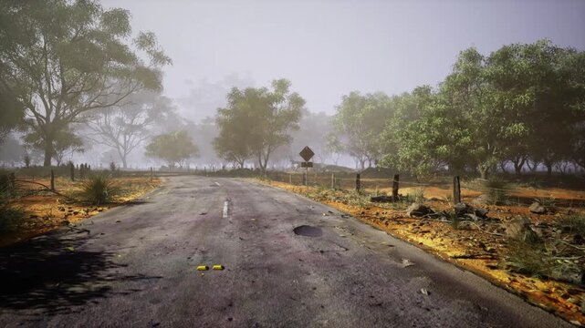 Weathered road stretching into misty tree line, uneven surface with shallow holes and roadside scrub, muted light creating soft silhouettes and calm rural mood