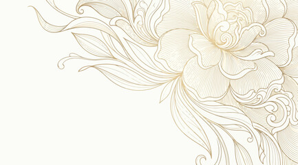 Fototapeta premium Exquisite floral corner border featuring intricate peony and flowing leaves in gold line art