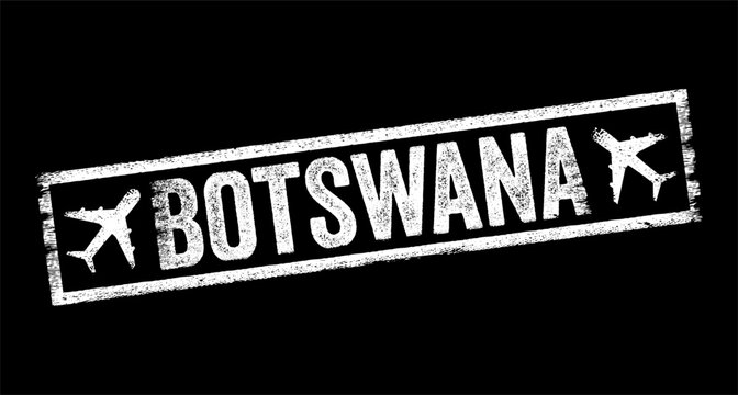 Botswana country name grunge rubber stamp texture with airplane icons, symbolizing Africa travel destination, tourism flight and journey adventure concept