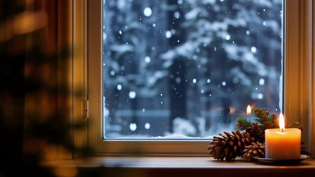 Cozy Christmas Window with Candle and Falling Snow, Seamless Loop