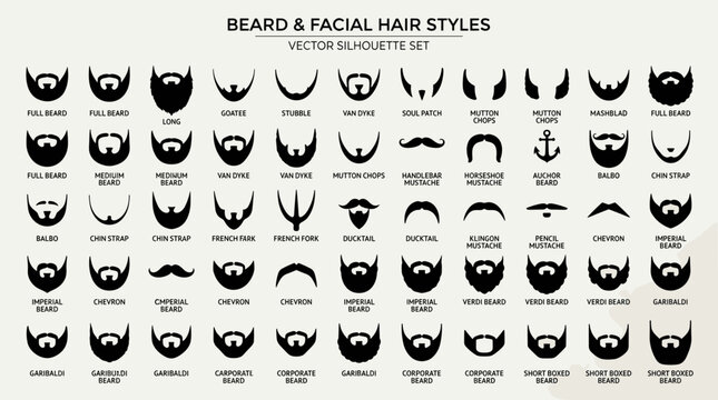 Beard style vector icon set with facial hair silhouette variations for barber and men grooming design