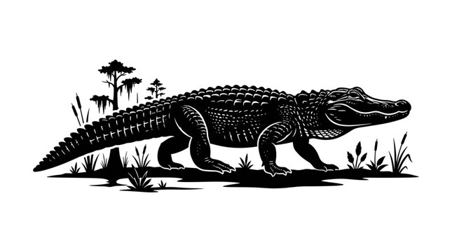 Alligator silhouette vector illustration with swamp reptile design for wildlife and nature print