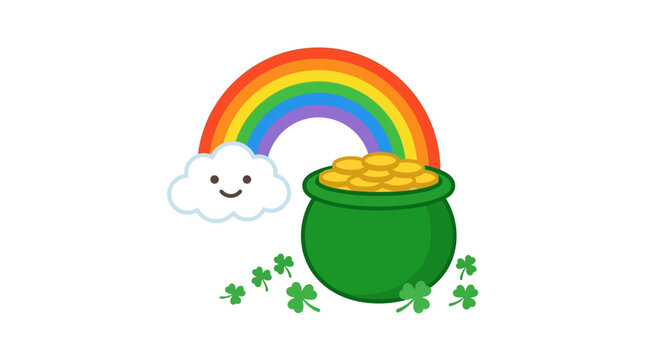 Colorful rainbow with a pot of gold coins, smiling cloud, and green shamrocks for St
