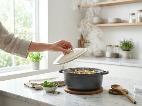 Hand placing ceramic lid onto cast iron pot of soup on marble countertop with wooden trivet