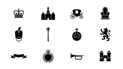 Black and white icons representing traditional royal and heraldic symbols in a classic style with Collection stylized black silhouettes royal crowns arms historical emblems © Mausumi