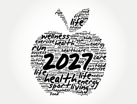 2027 apple silhouette word cloud collage with health, fitness, exercise and wellness terms, symbolizing new year healthy lifestyle goals and nutrition planning concept
