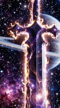 A burning celestial sword floats against a backdrop of space and planets.