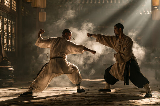 Two disciplined martial artists in traditional Asian robes practice a powerful combat stance within an ancient temple, dramatically illuminated by atmospheric light and smoke, embodying