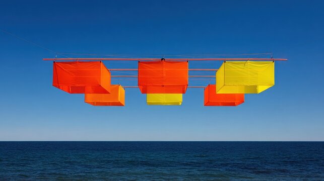Bright orange and yellow parafoil kites suspended against a clear blue sky over the ocean, a modern design for stability and flight.